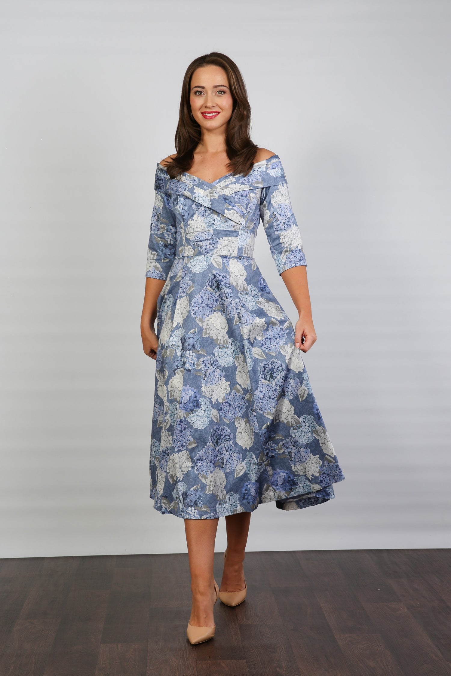 Bombshell Libby Bardot A-line Dress in Hydrangea Blue