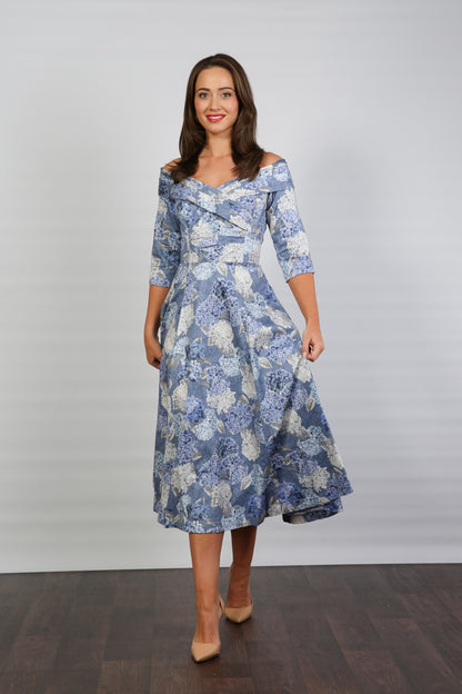 Bombshell Libby Bardot A-line Dress in Hydrangea Blue