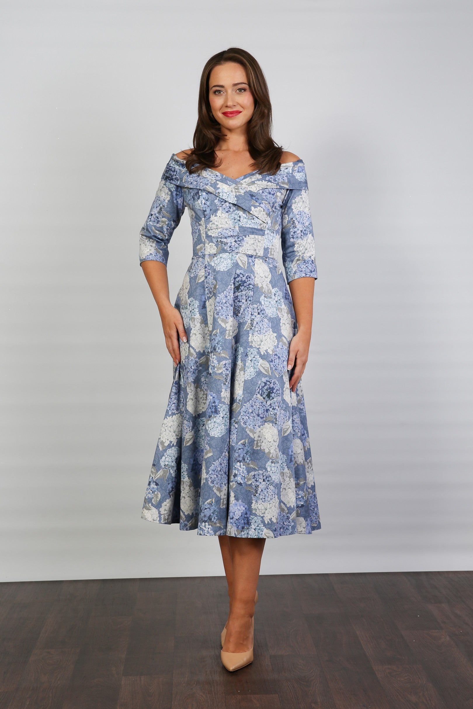 Bombshell Libby Bardot A-line Dress in Hydrangea Blue