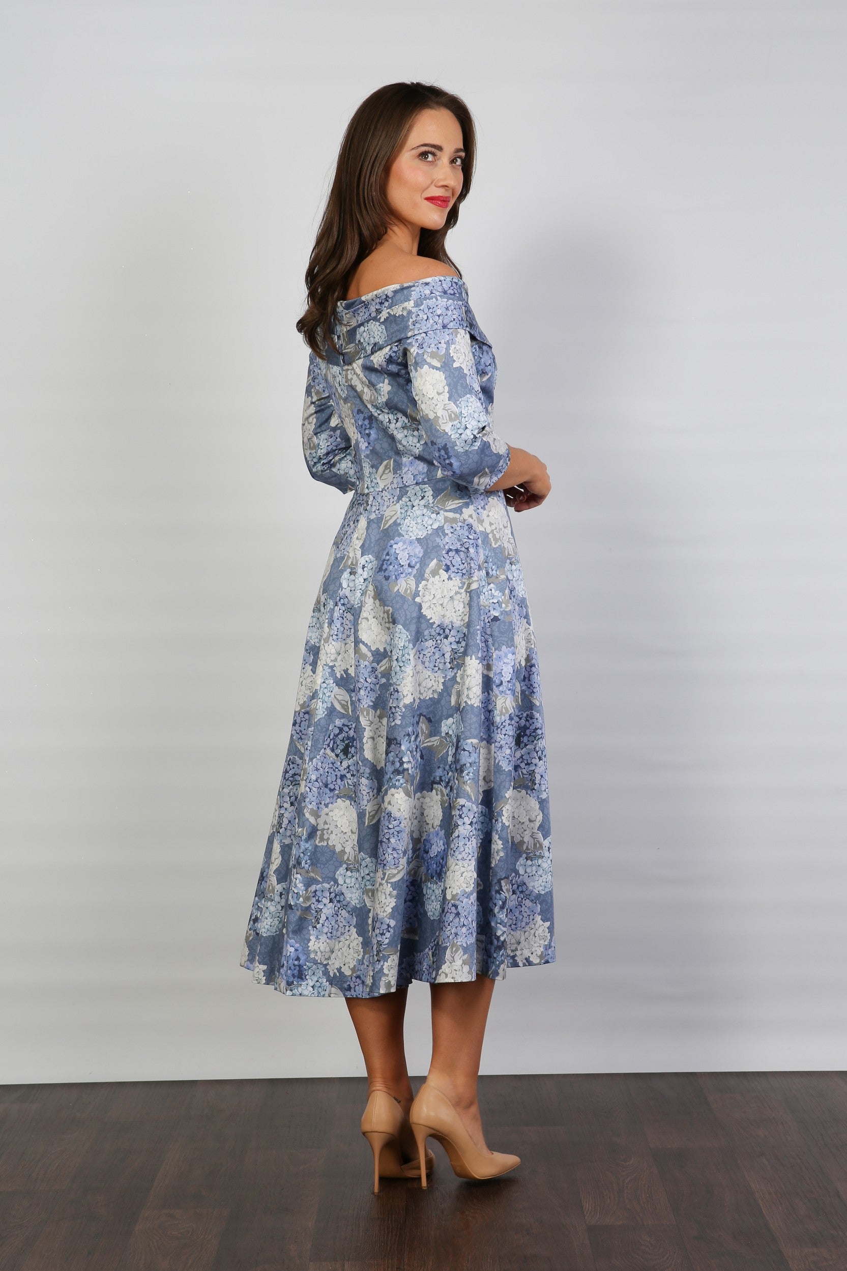 Bombshell Libby Bardot A-line Dress in Hydrangea Blue