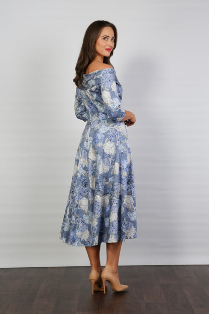 Bombshell Libby Bardot A-line Dress in Hydrangea Blue