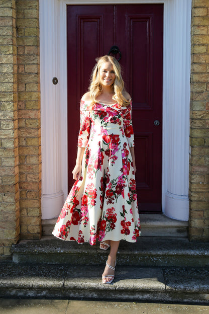 Bombshell Libby Bardot A-line Dress in Xanthe Magenta Red