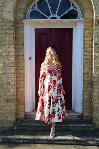 Bombshell Libby Bardot A-line Dress in Xanthe Magenta Red