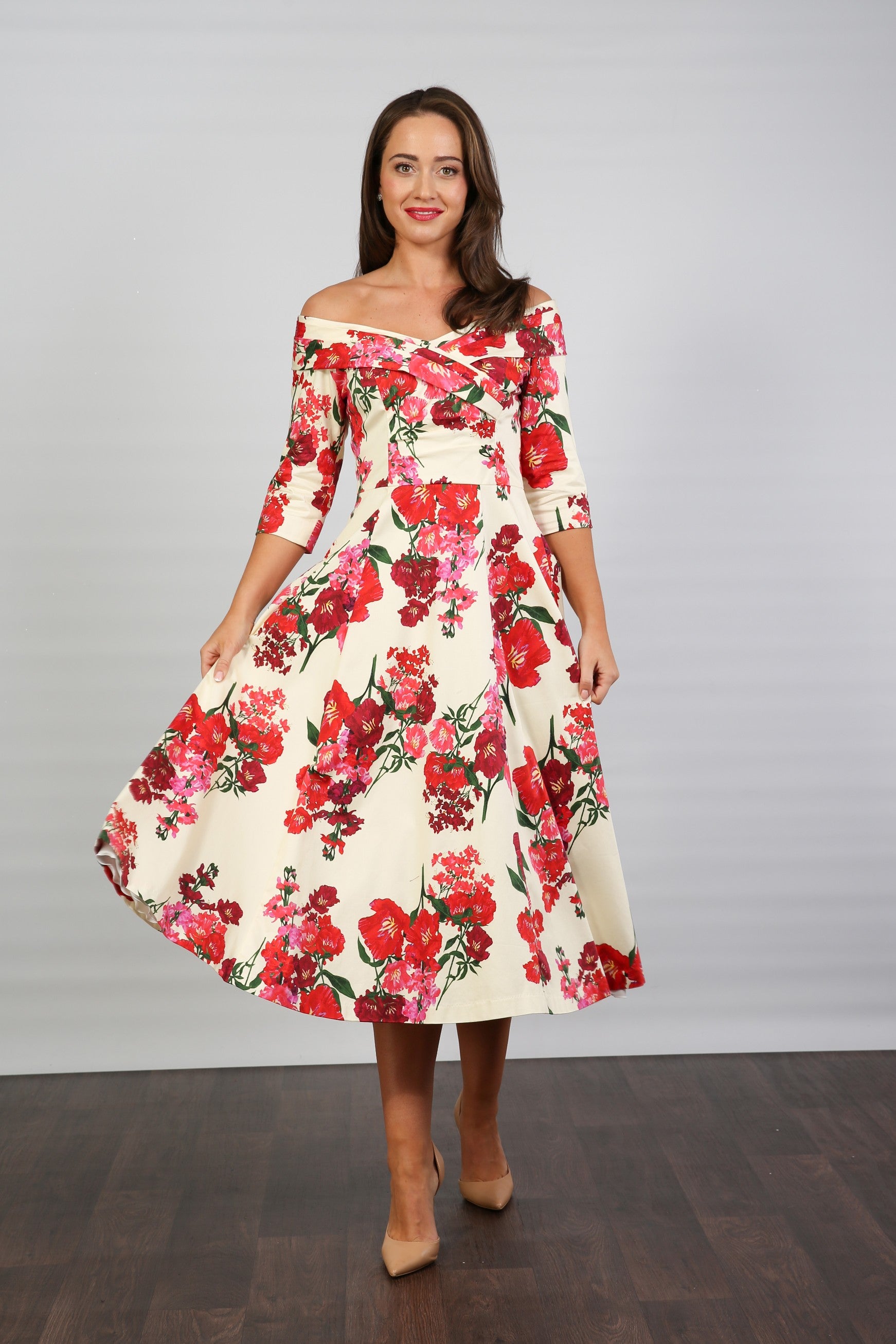 Bombshell Libby Bardot A-line Dress in Xanthe Magenta Red