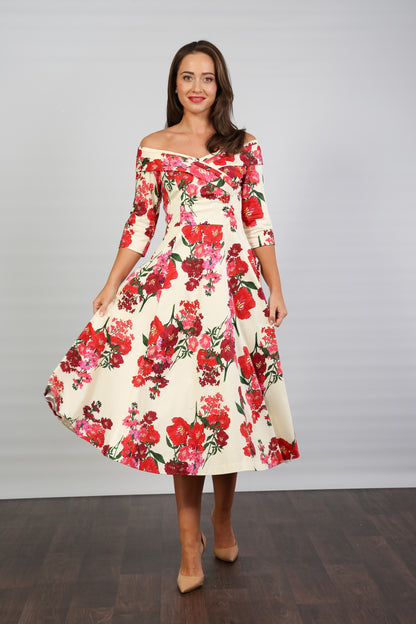 Bombshell Libby Bardot A-line Dress in Xanthe Magenta Red