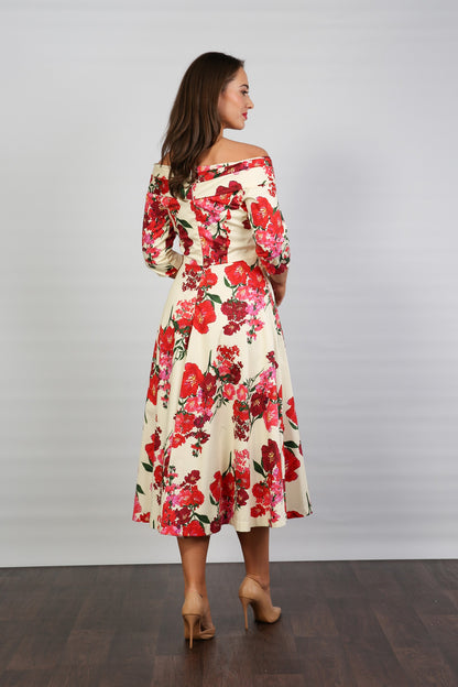 Bombshell Libby Bardot A-line Dress in Xanthe Magenta Red