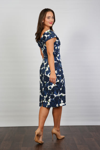 Bombshell Rhodes "Look at Me" Bardot Dress in Navy Blue Roses