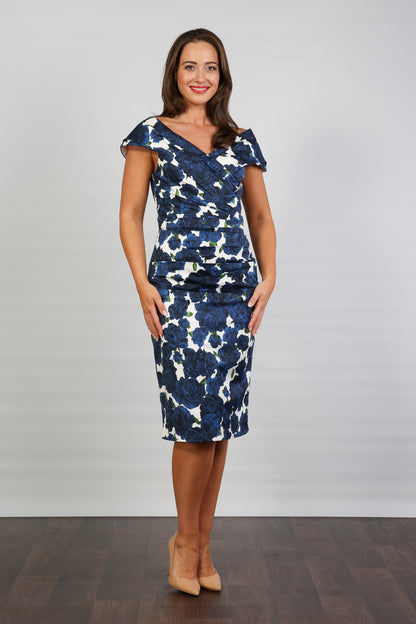 Bombshell Rhodes "Look at Me" Bardot Dress in Navy Blue Roses