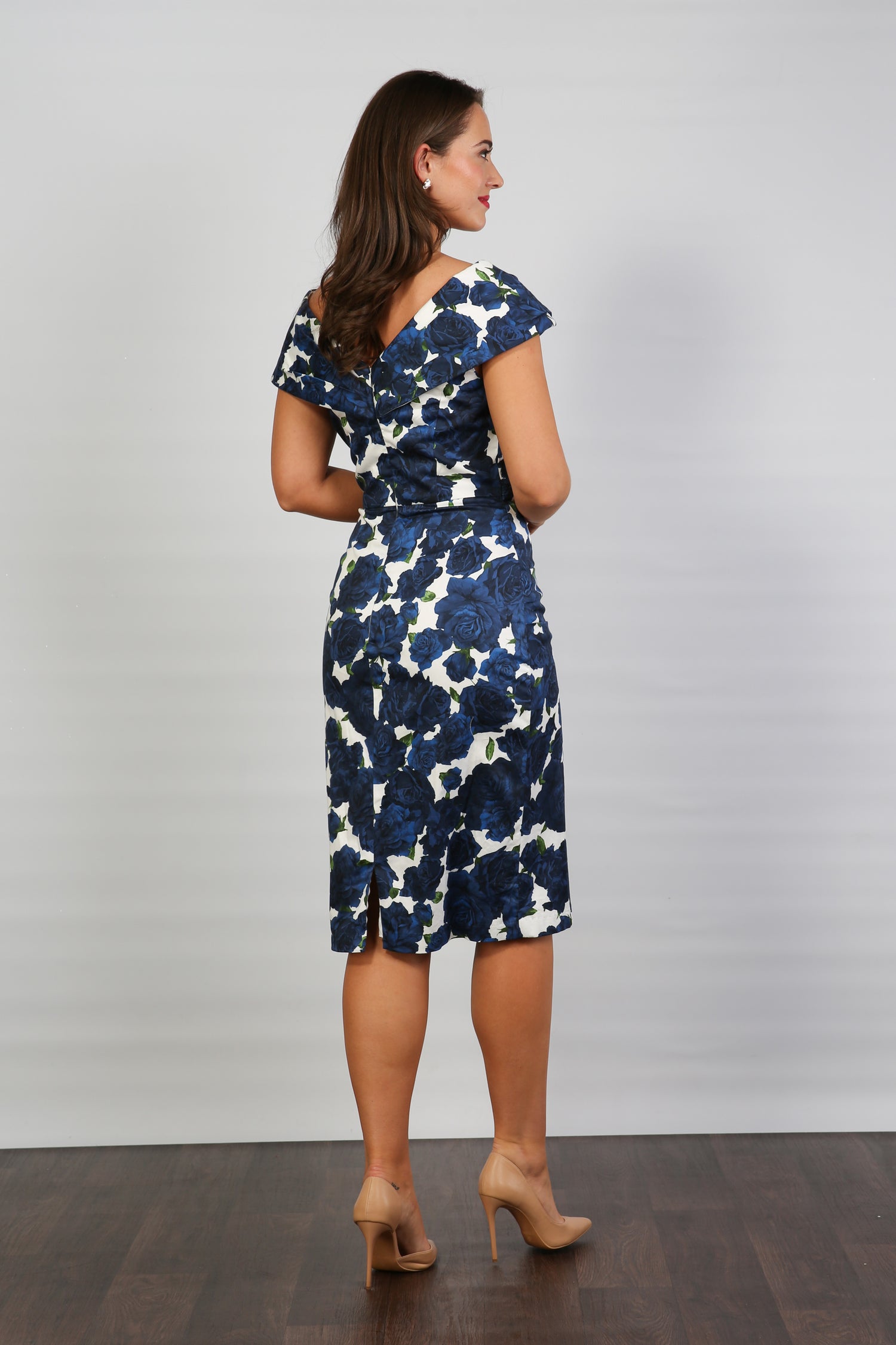Bombshell Rhodes "Look at Me" Bardot Dress in Navy Blue Roses