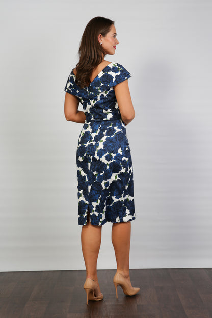 Bombshell Rhodes "Look at Me" Bardot Dress in Navy Blue Roses