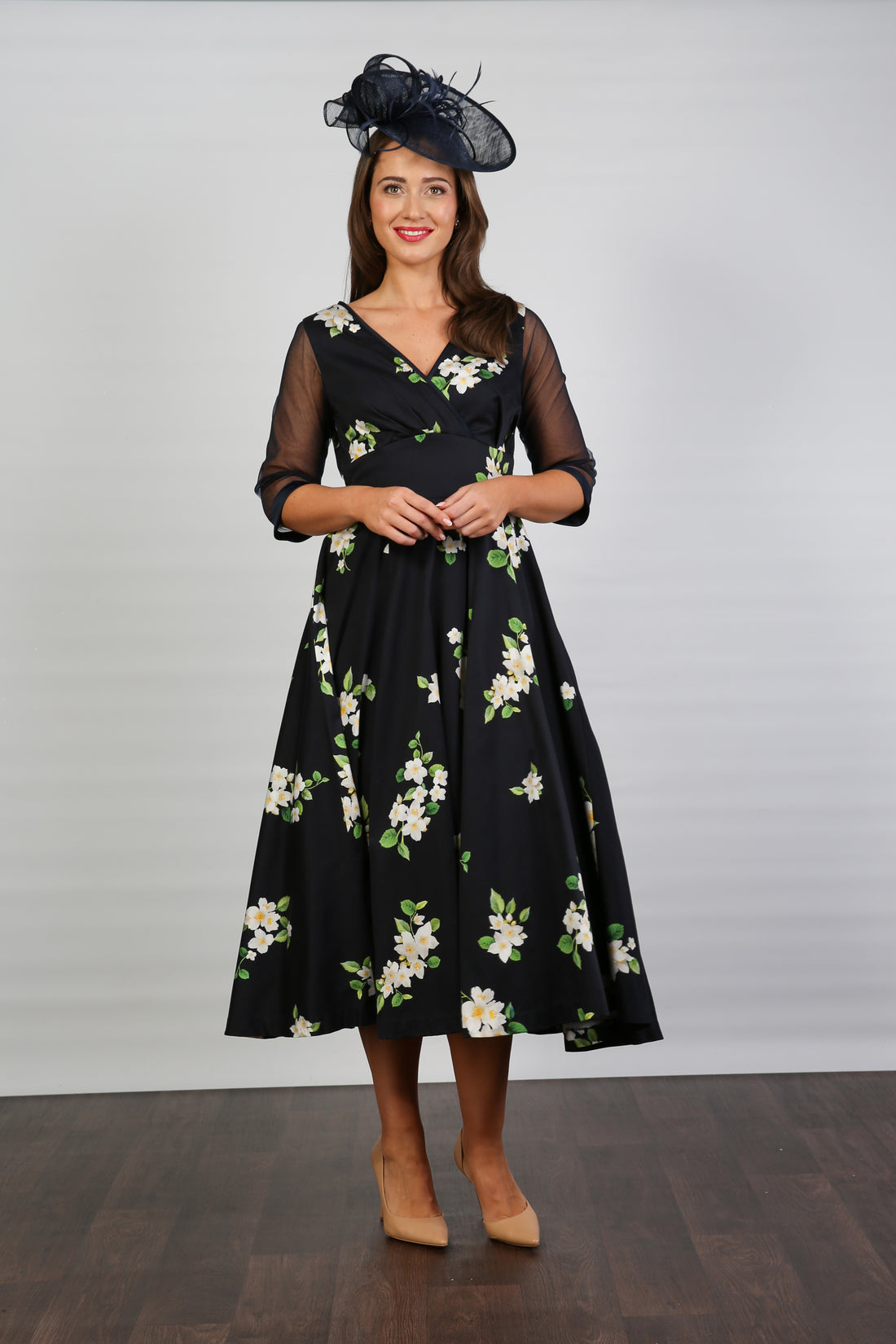 Bombshell Sophie Classic Sheer Sleeve Dress in Midnight Orange Blossom