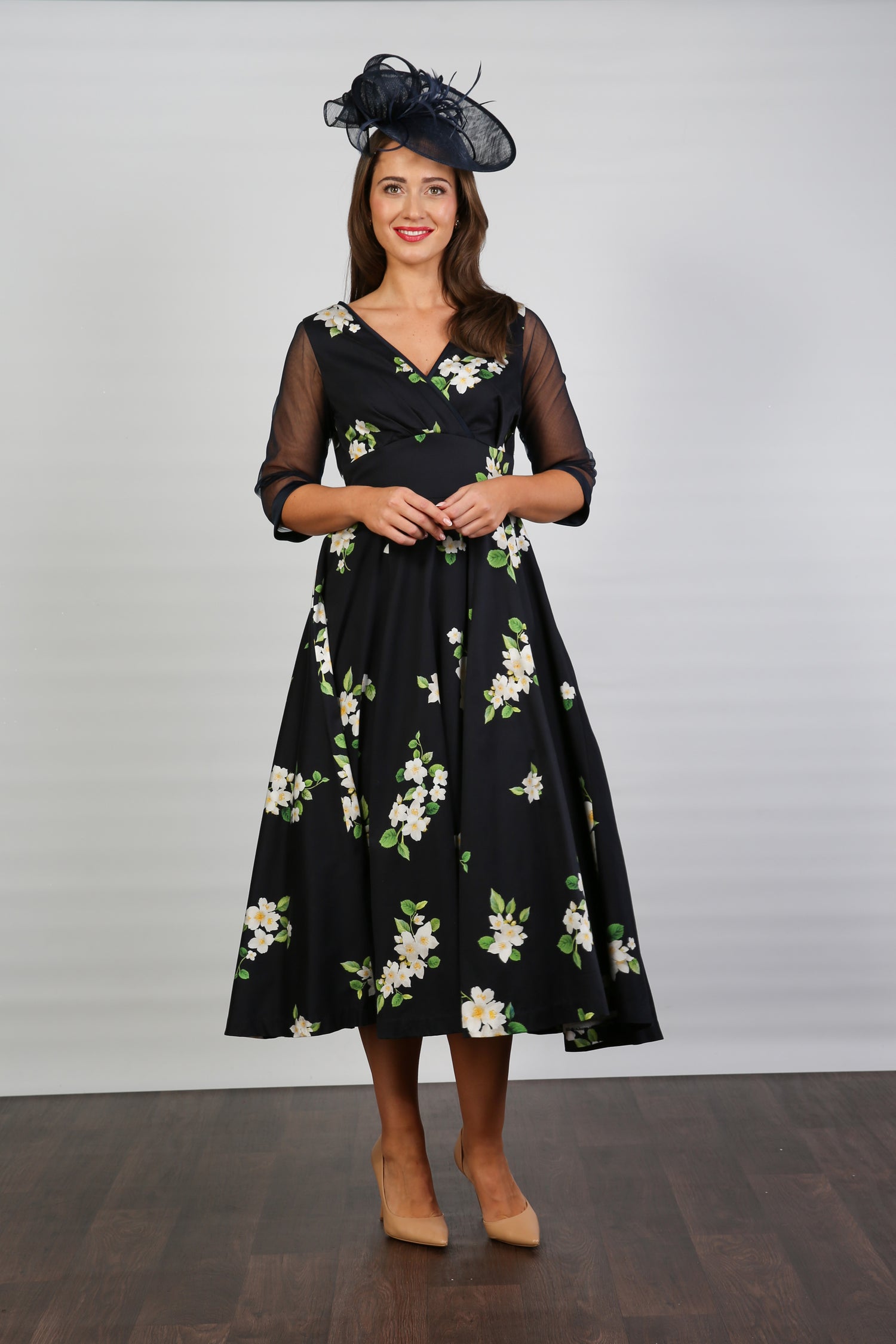 Bombshell Sophie Classic Sheer Sleeve Dress in Midnight Orange Blossom