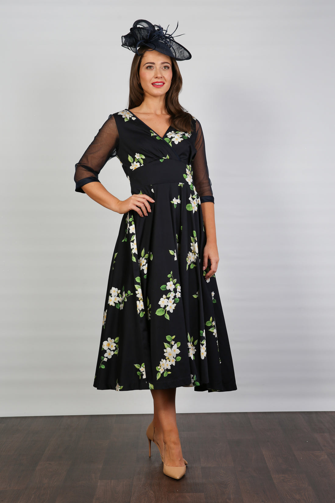 Bombshell Sophie Classic Sheer Sleeve Dress in Midnight Orange Blossom