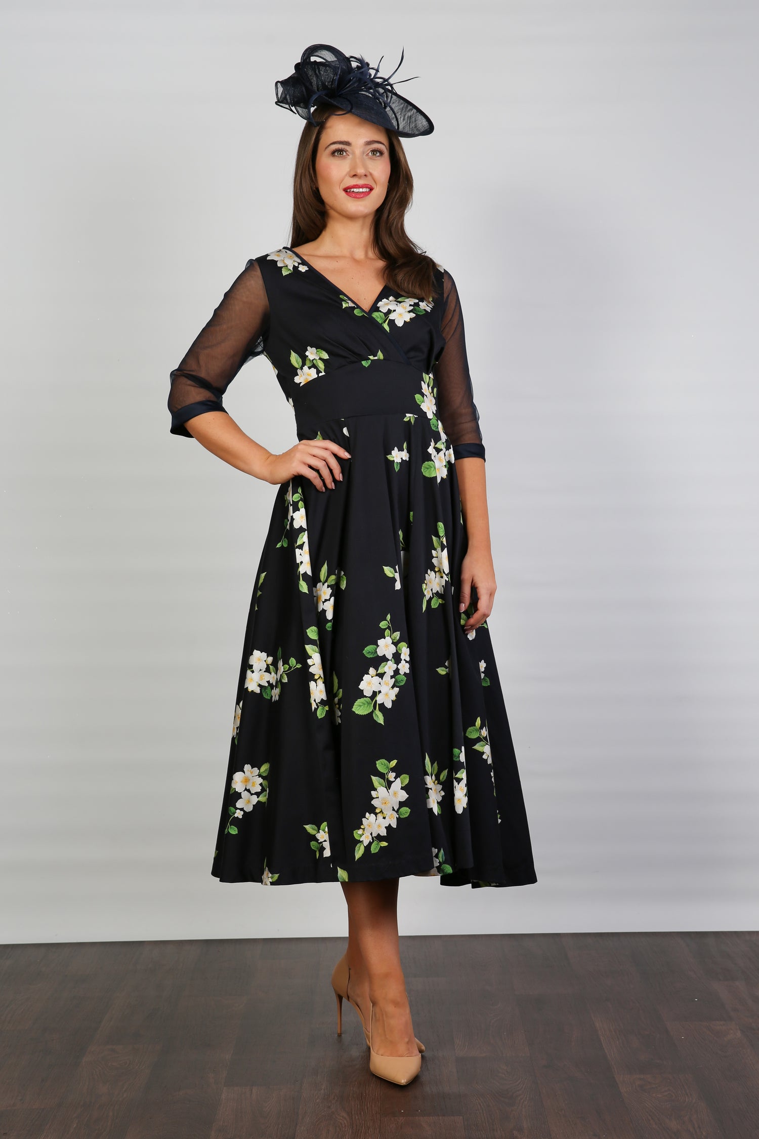 Bombshell Sophie Classic Sheer Sleeve Dress in Midnight Orange Blossom