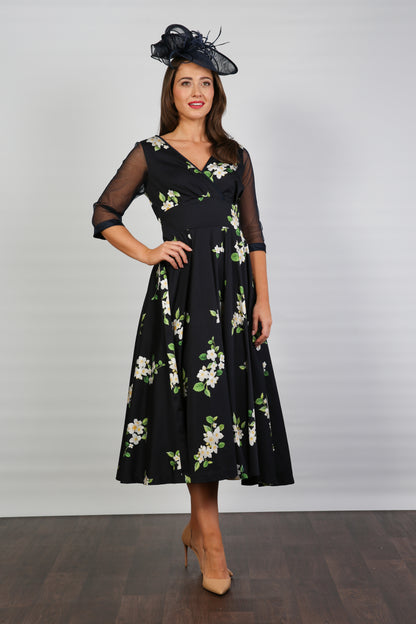 Bombshell Sophie Classic Sheer Sleeve Dress in Midnight Orange Blossom