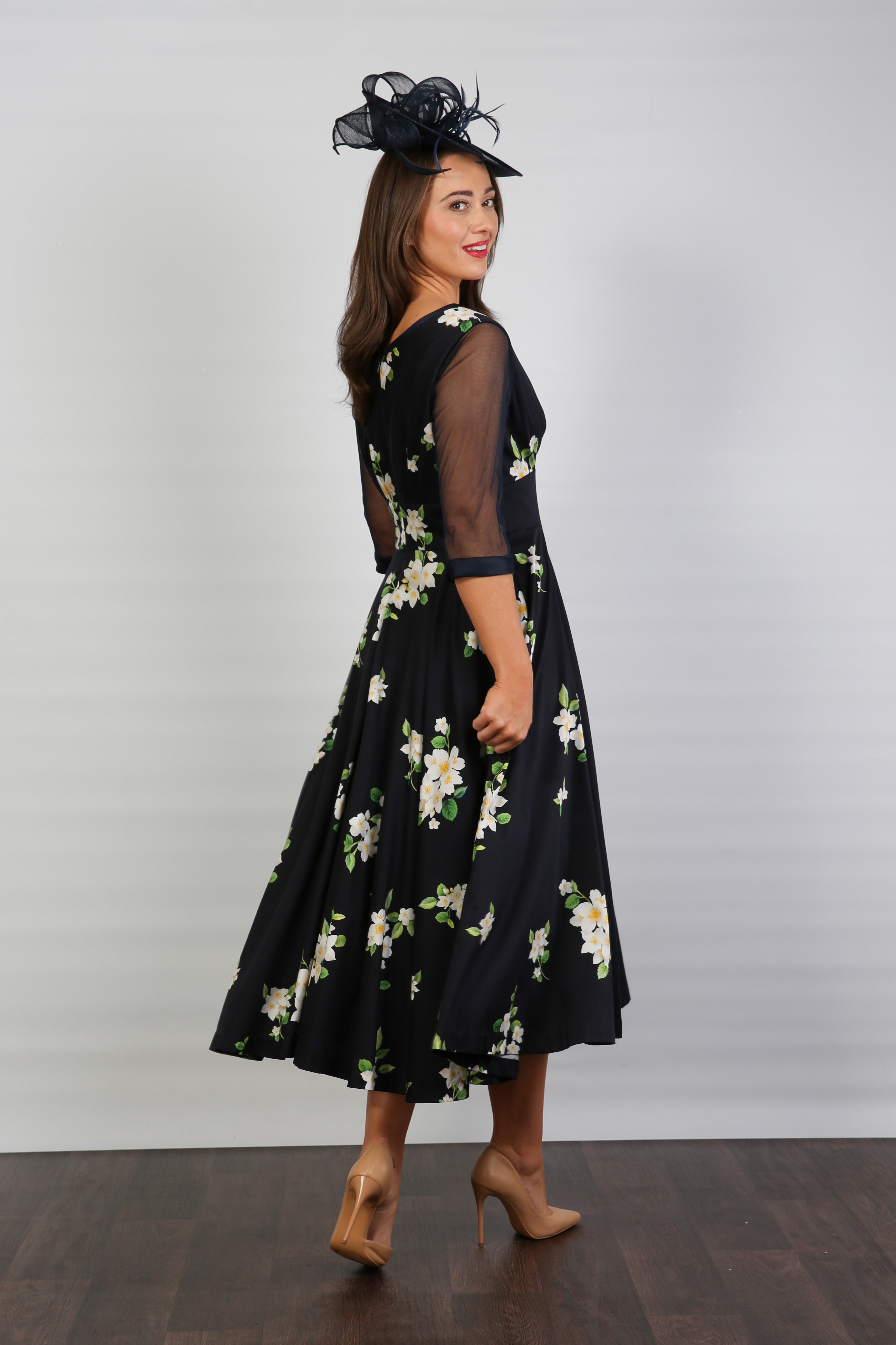 Bombshell Sophie Classic Sheer Sleeve Dress in Midnight Orange Blossom