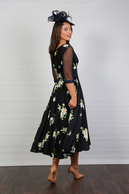 Bombshell Sophie Classic Sheer Sleeve Dress in Midnight Orange Blossom