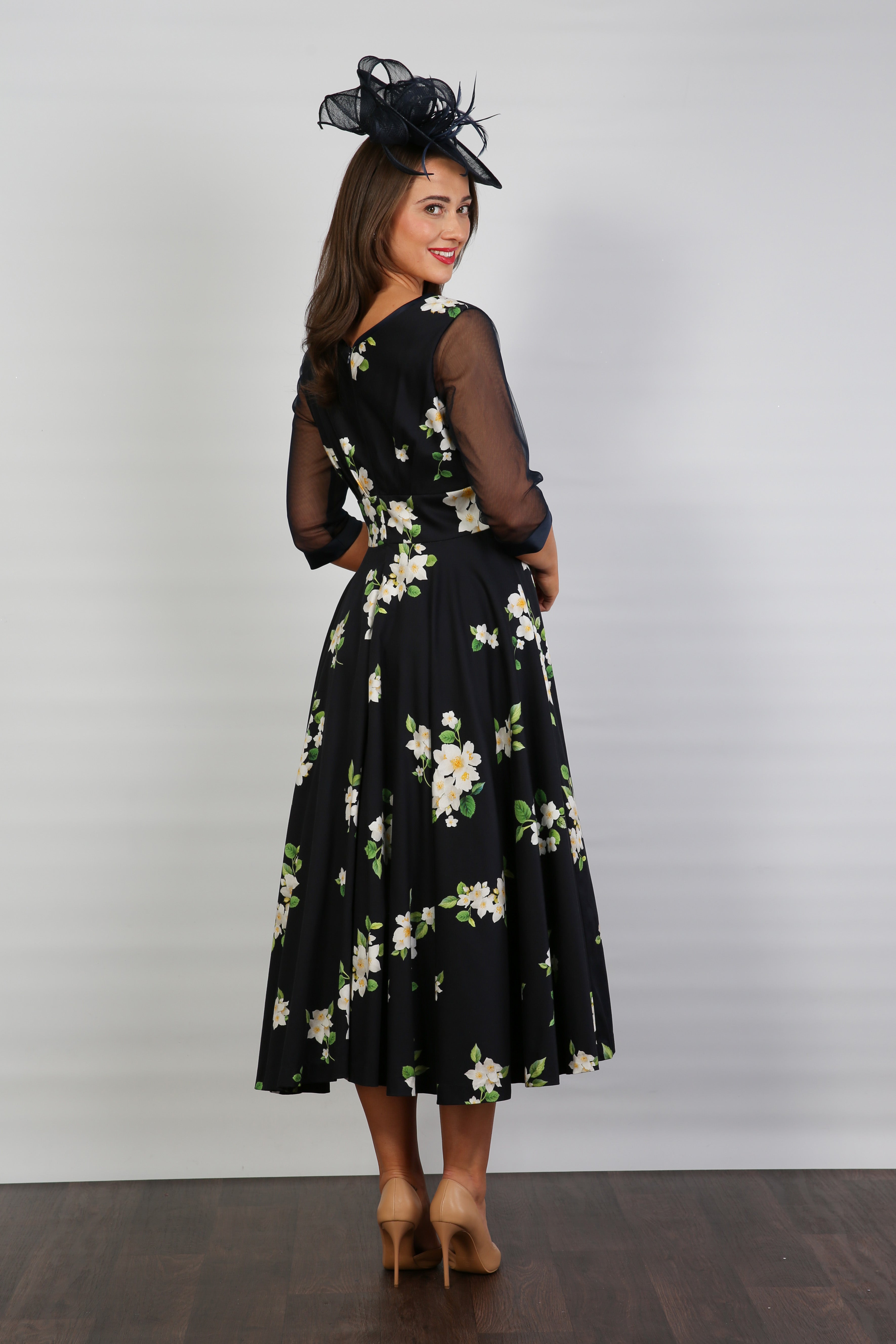 Bombshell Sophie Classic Sheer Sleeve Dress in Midnight Orange Blossom