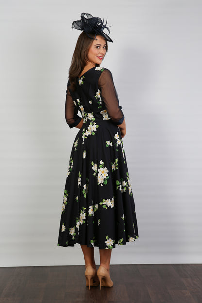 Bombshell Sophie Classic Sheer Sleeve Dress in Midnight Orange Blossom