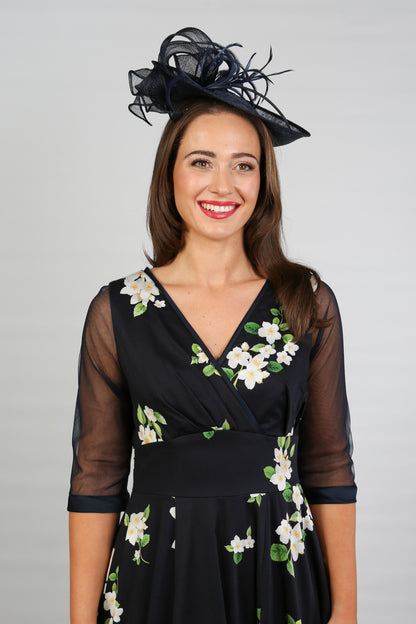 Bombshell Sophie Classic Sheer Sleeve Dress in Midnight Orange Blossom