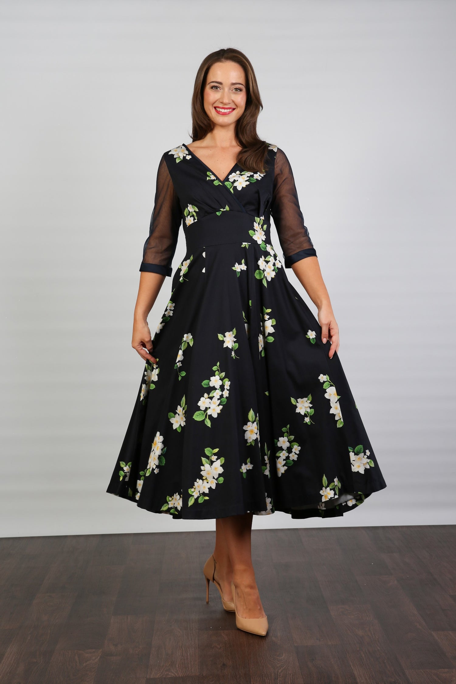 Bombshell Sophie Classic Sheer Sleeve Dress in Midnight Orange Blossom