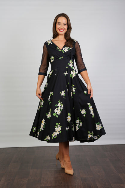 Bombshell Sophie Classic Sheer Sleeve Dress in Midnight Orange Blossom