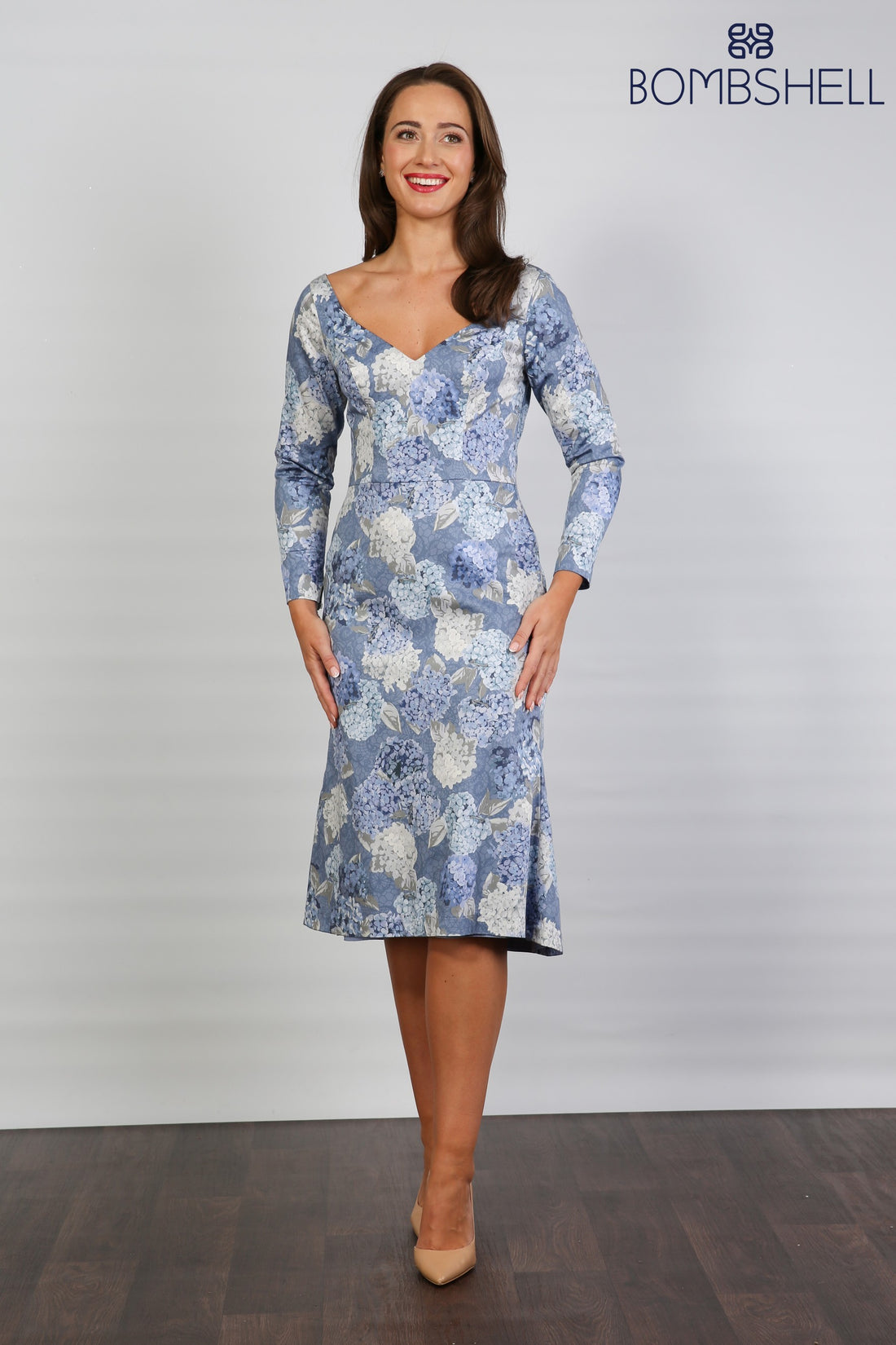 Bombshell Dorothy Sleek & Sweet Long Sleeve Dress in Hydrangea Blue