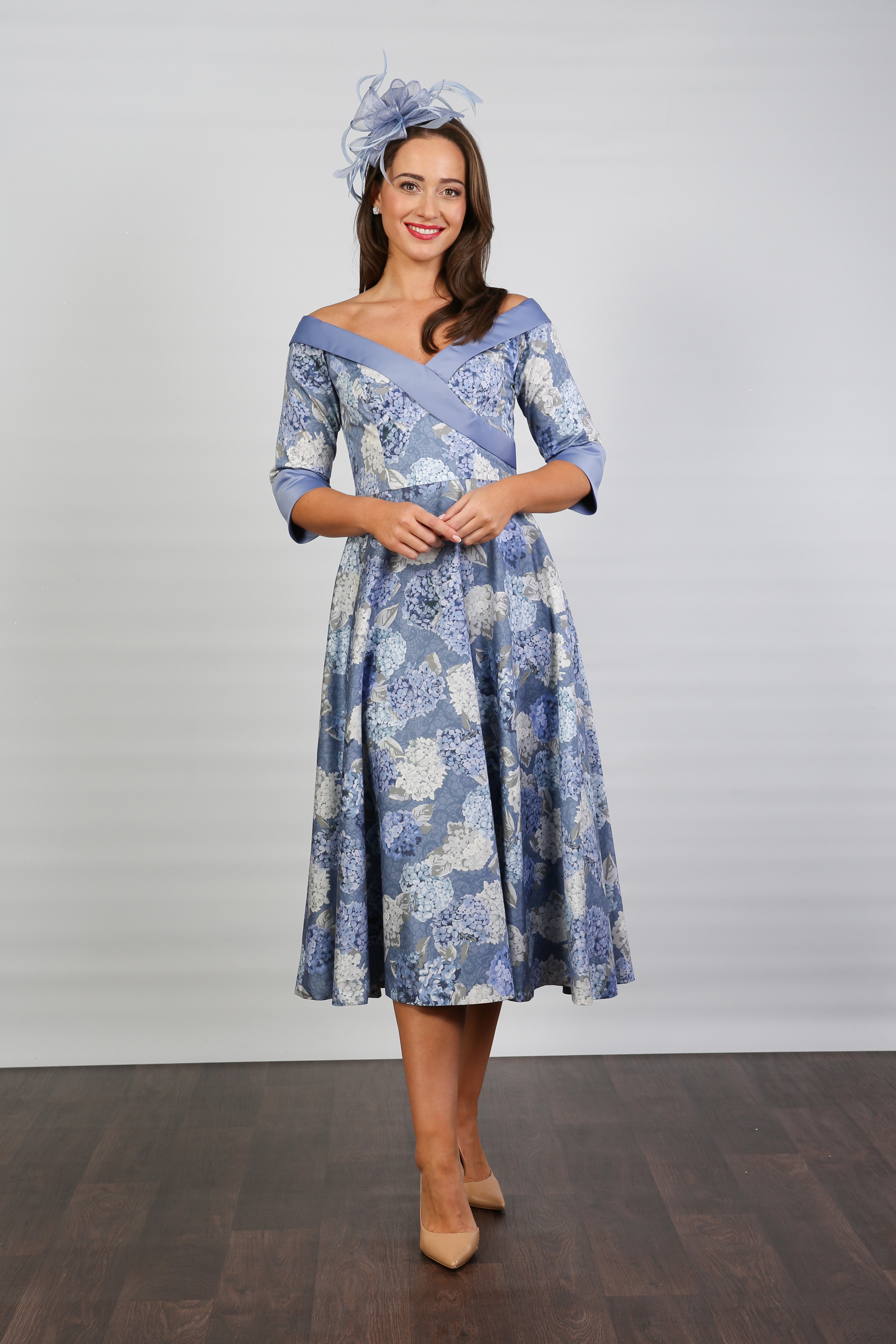 Bombshell Hamilton Bardot Sleeve Dress in Hydrangea Blue