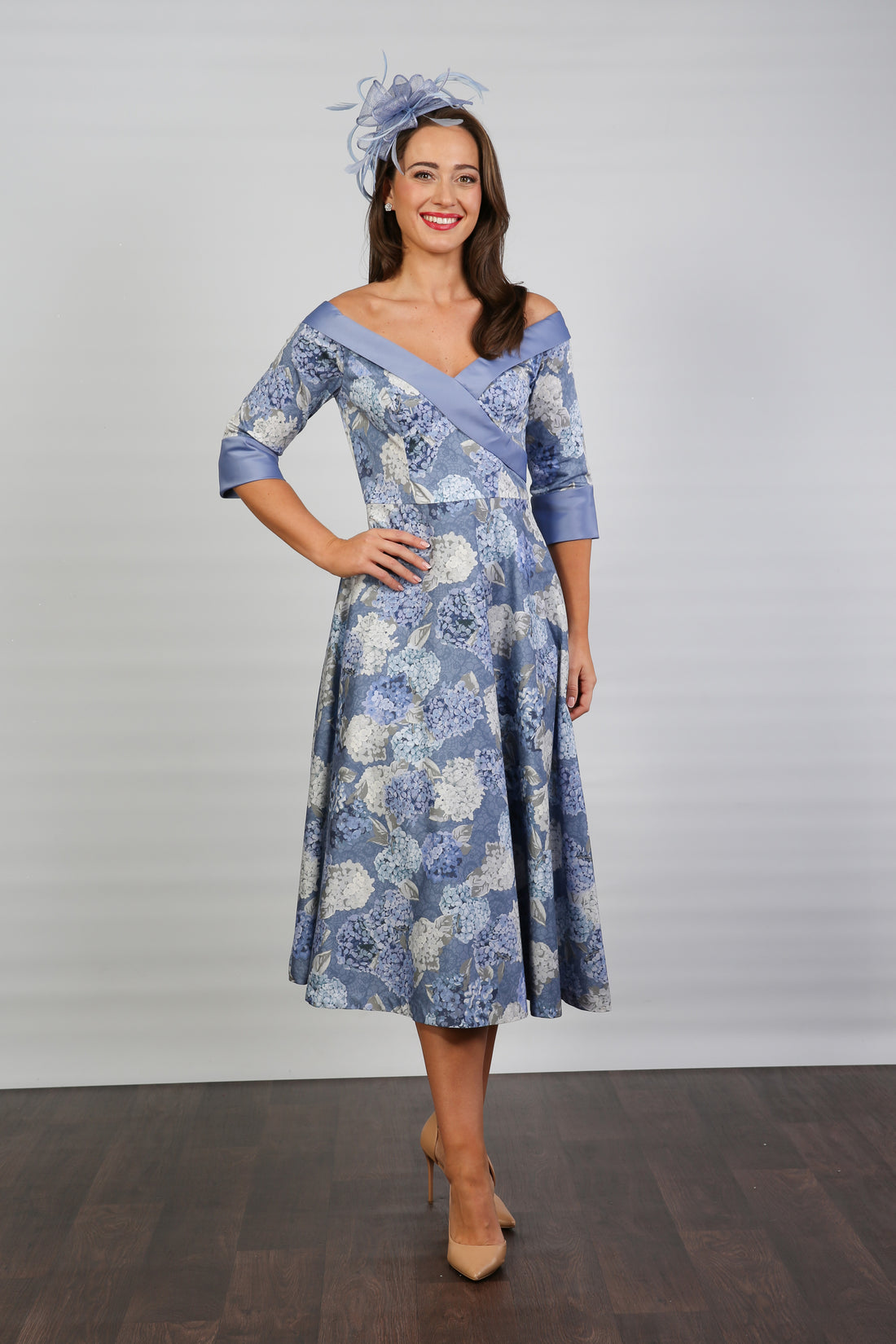 Bombshell Hamilton Bardot Sleeve Dress in Hydrangea Blue
