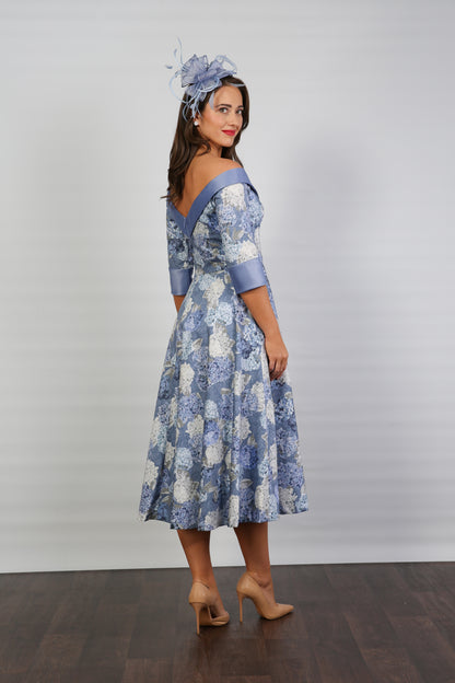 Bombshell Hamilton Bardot Sleeve Dress in Hydrangea Blue