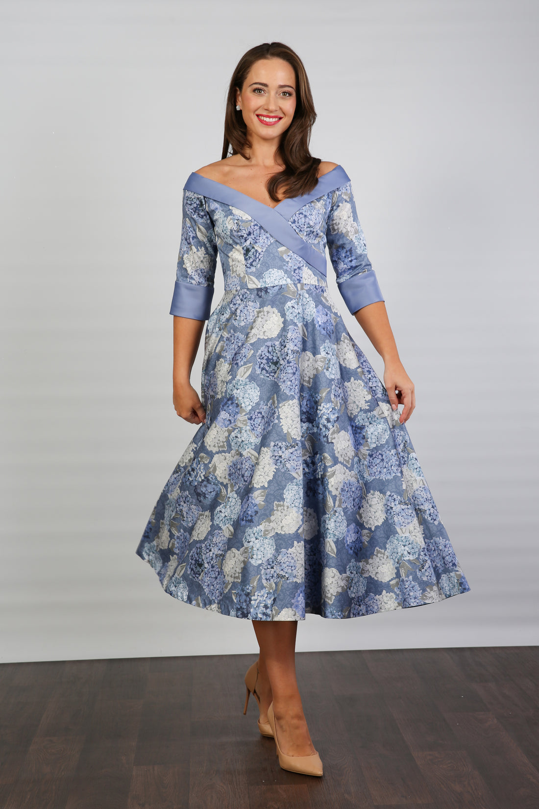 Bombshell Hamilton Bardot Sleeve Dress in Hydrangea Blue