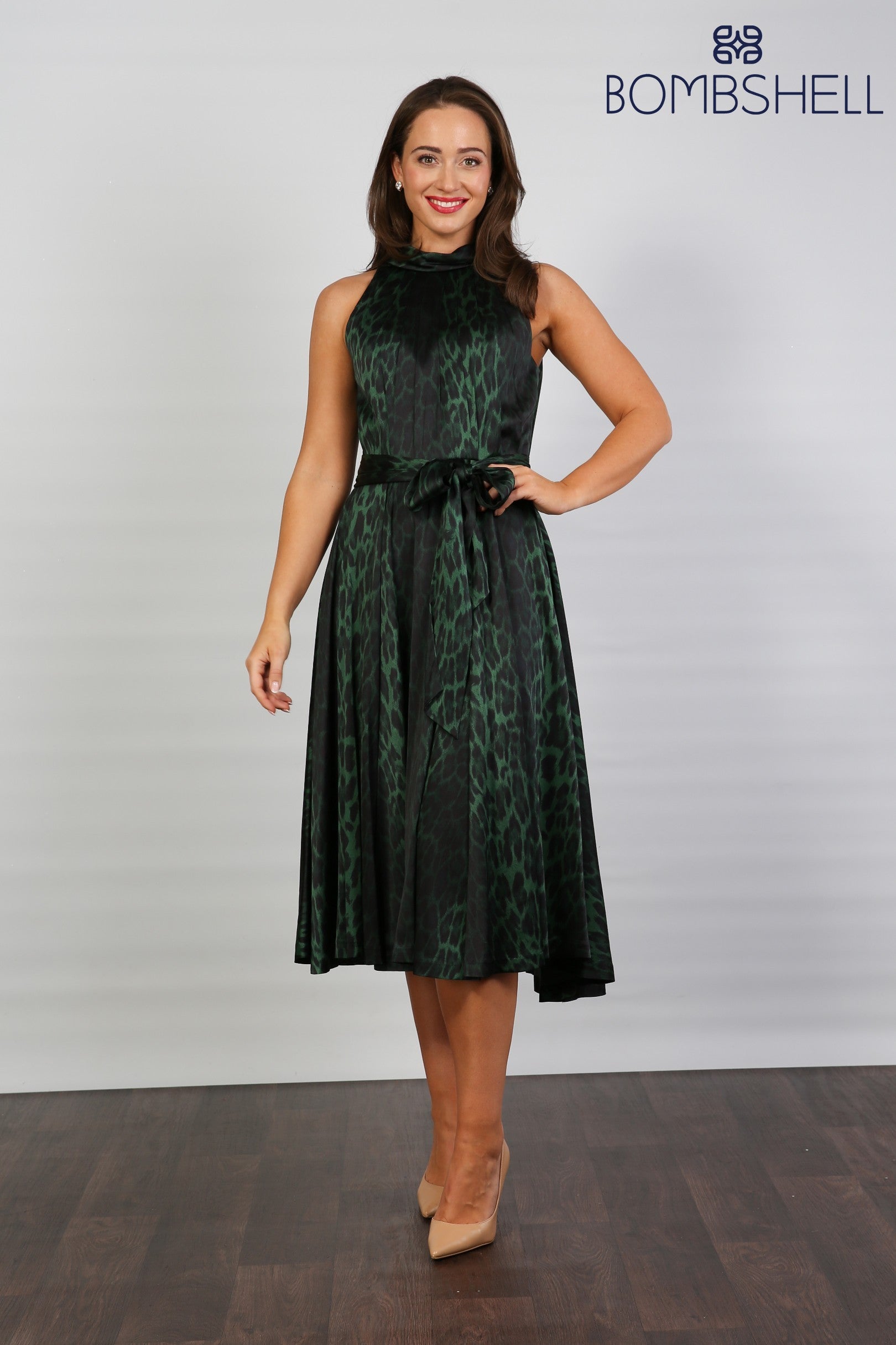 Bombshell Hattie Fluid Satin Halterneck Dress in Green Leopard