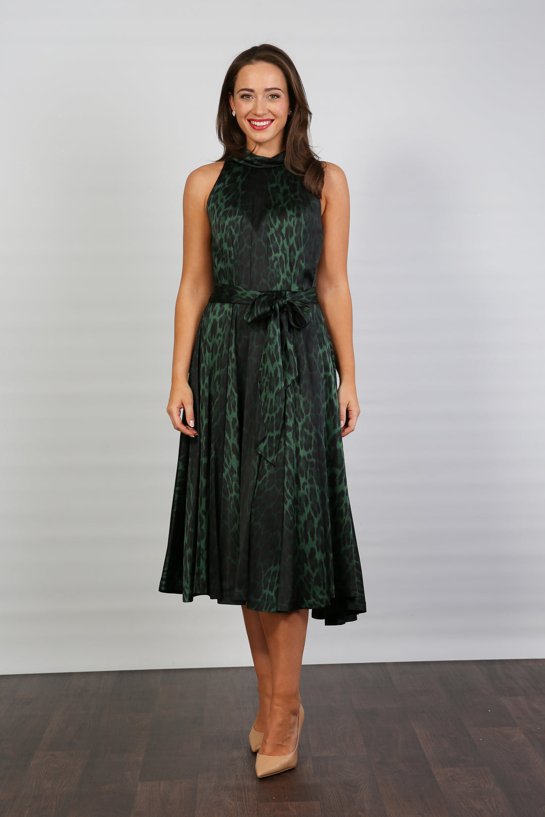 Bombshell Hattie Fluid Satin Halterneck Dress in Green Leopard