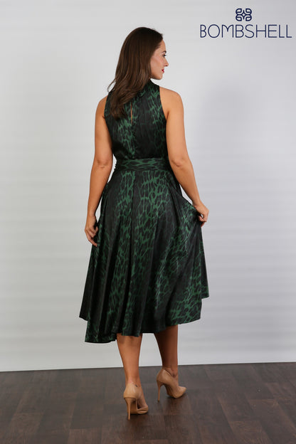 Bombshell Hattie Fluid Satin Halterneck Dress in Green Leopard