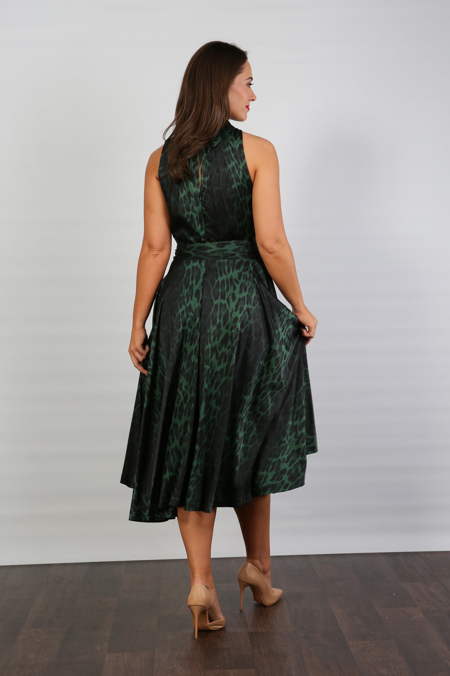 Bombshell Hattie Fluid Satin Halterneck Dress in Green Leopard