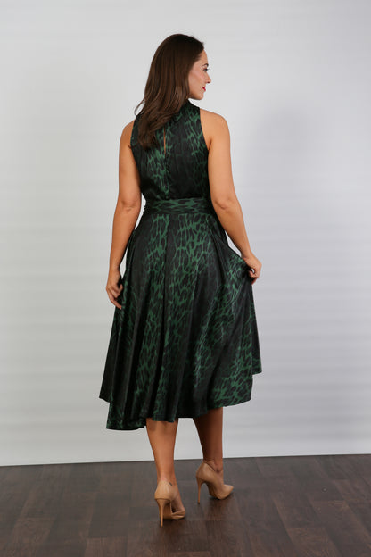 Bombshell Hattie Fluid Satin Halterneck Dress in Green Leopard