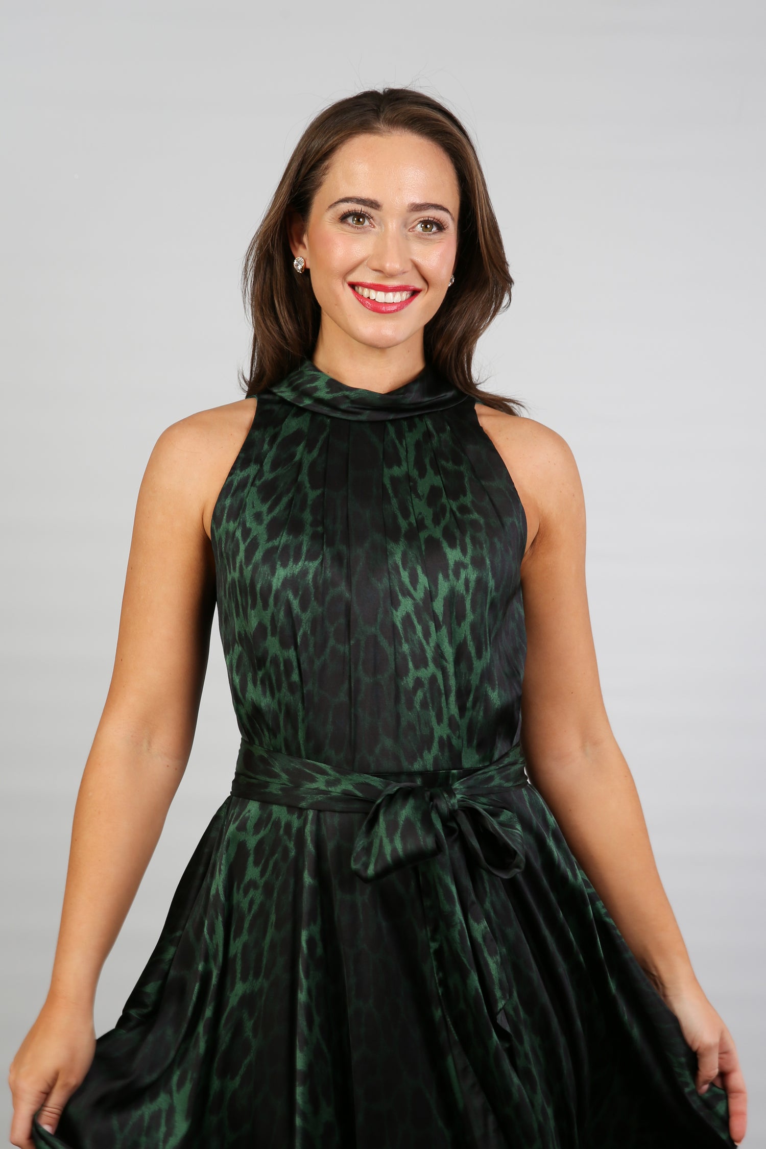 Bombshell Hattie Fluid Satin Halterneck Dress in Green Leopard