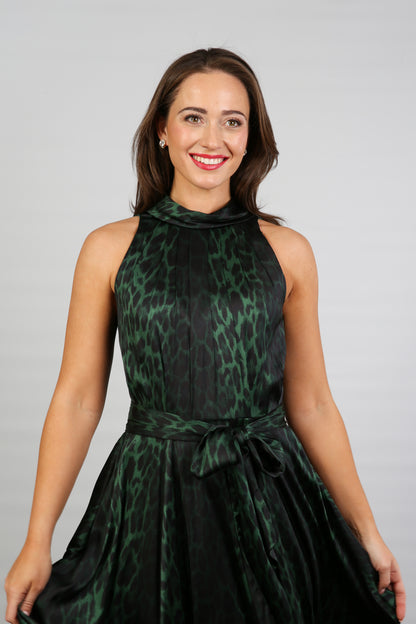 Bombshell Hattie Fluid Satin Halterneck Dress in Green Leopard