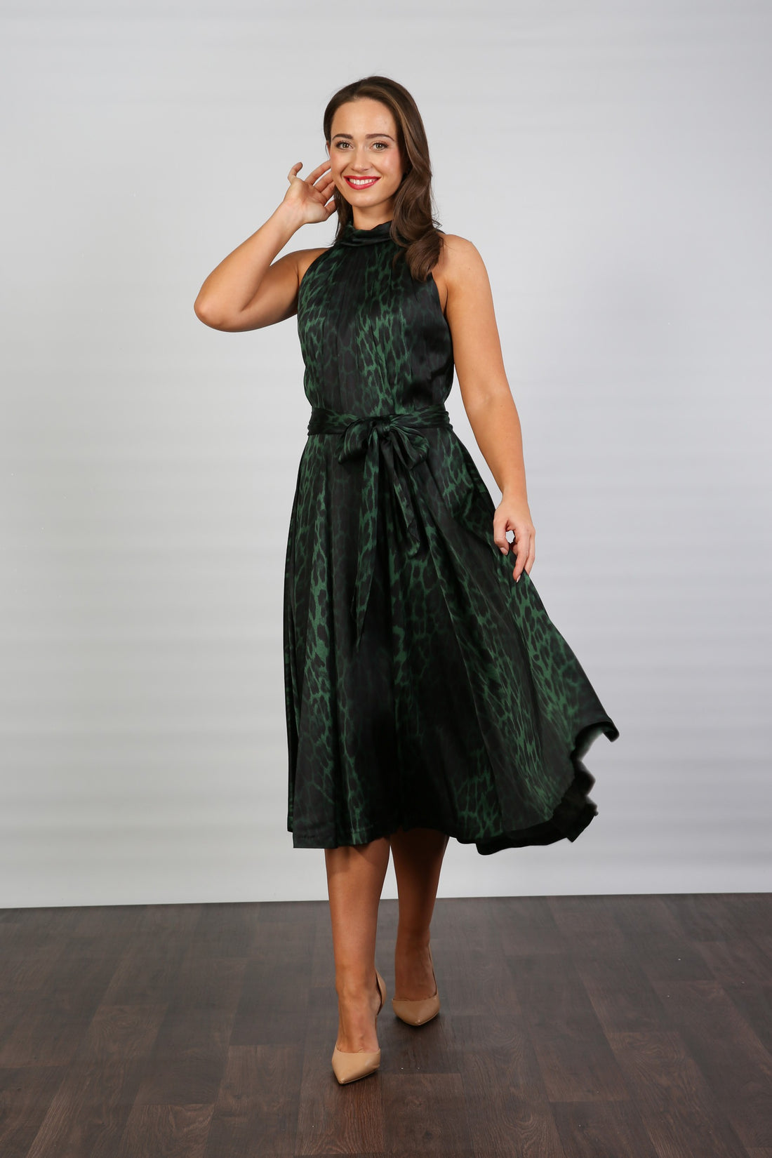 Bombshell Hattie Fluid Satin Halterneck Dress in Green Leopard