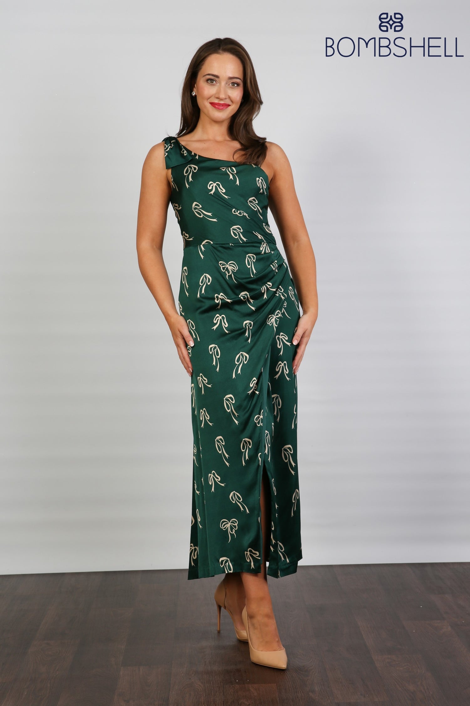 Bombshell Louise One Shoulder Party Dress in Dark Green Bows