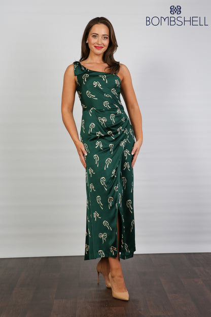 Bombshell Louise One Shoulder Party Dress in Dark Green Bows