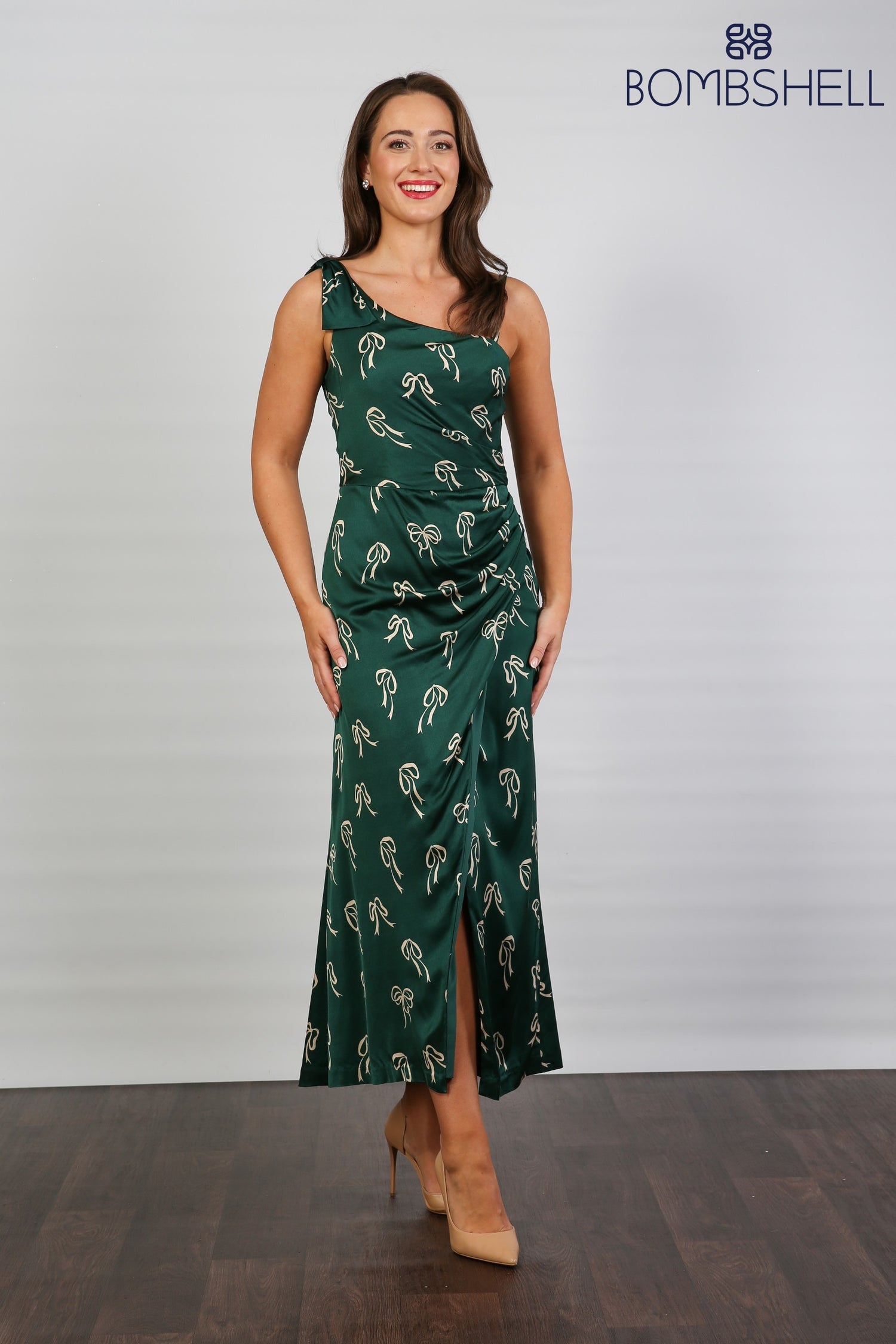 Bombshell Louise One Shoulder Party Dress in Dark Green Bows