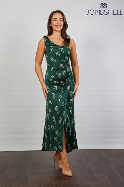 Bombshell Louise One Shoulder Party Dress in Dark Green Bows