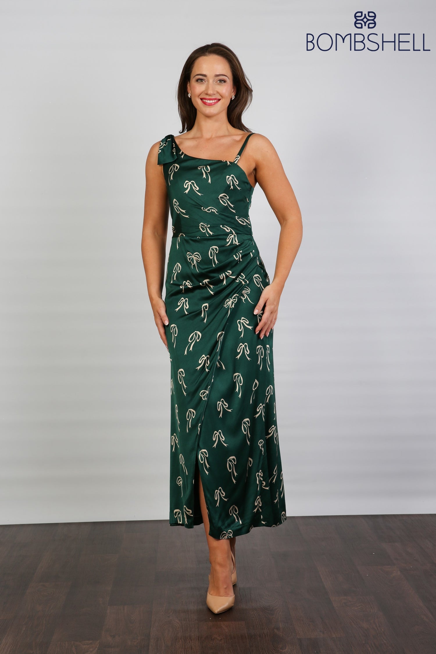 Bombshell Louise One Shoulder Party Dress in Dark Green Bows