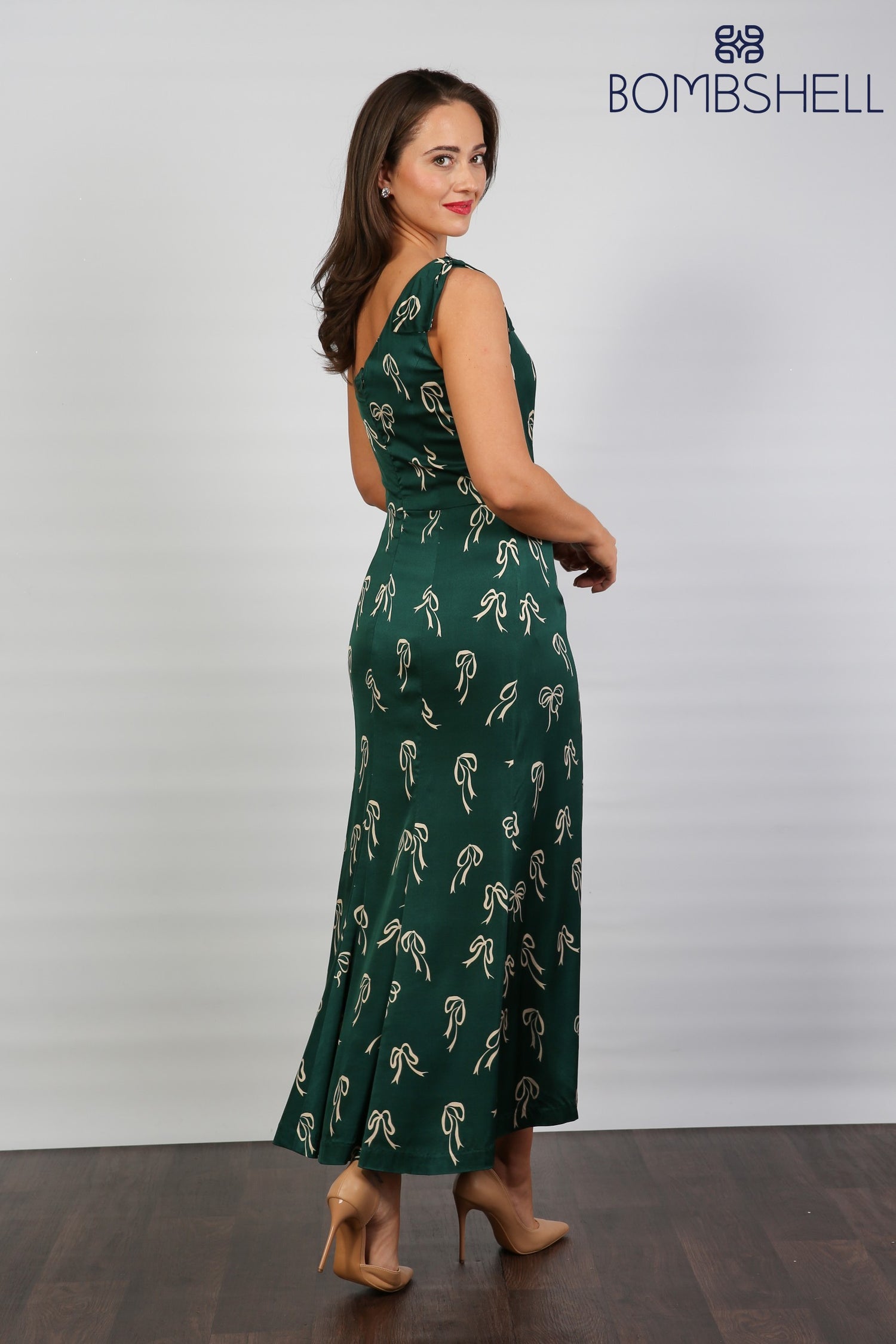 Bombshell Louise One Shoulder Party Dress in Dark Green Bows