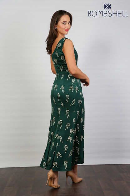 Bombshell Louise One Shoulder Party Dress in Dark Green Bows