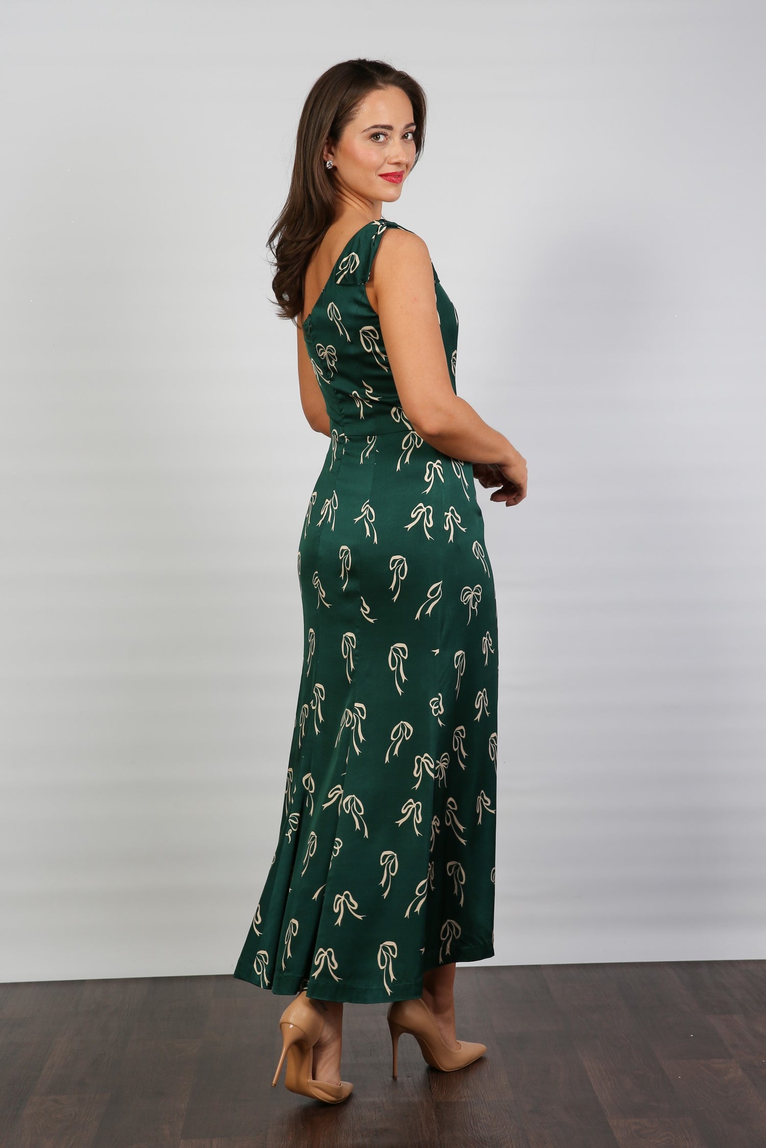 Bombshell Louise One Shoulder Party Dress in Dark Green Bows