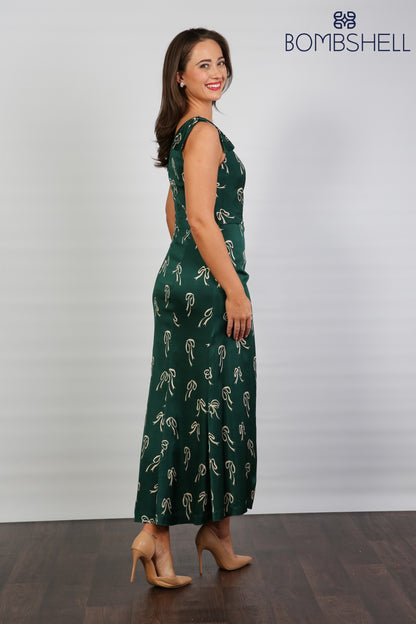 Bombshell Louise One Shoulder Party Dress in Dark Green Bows