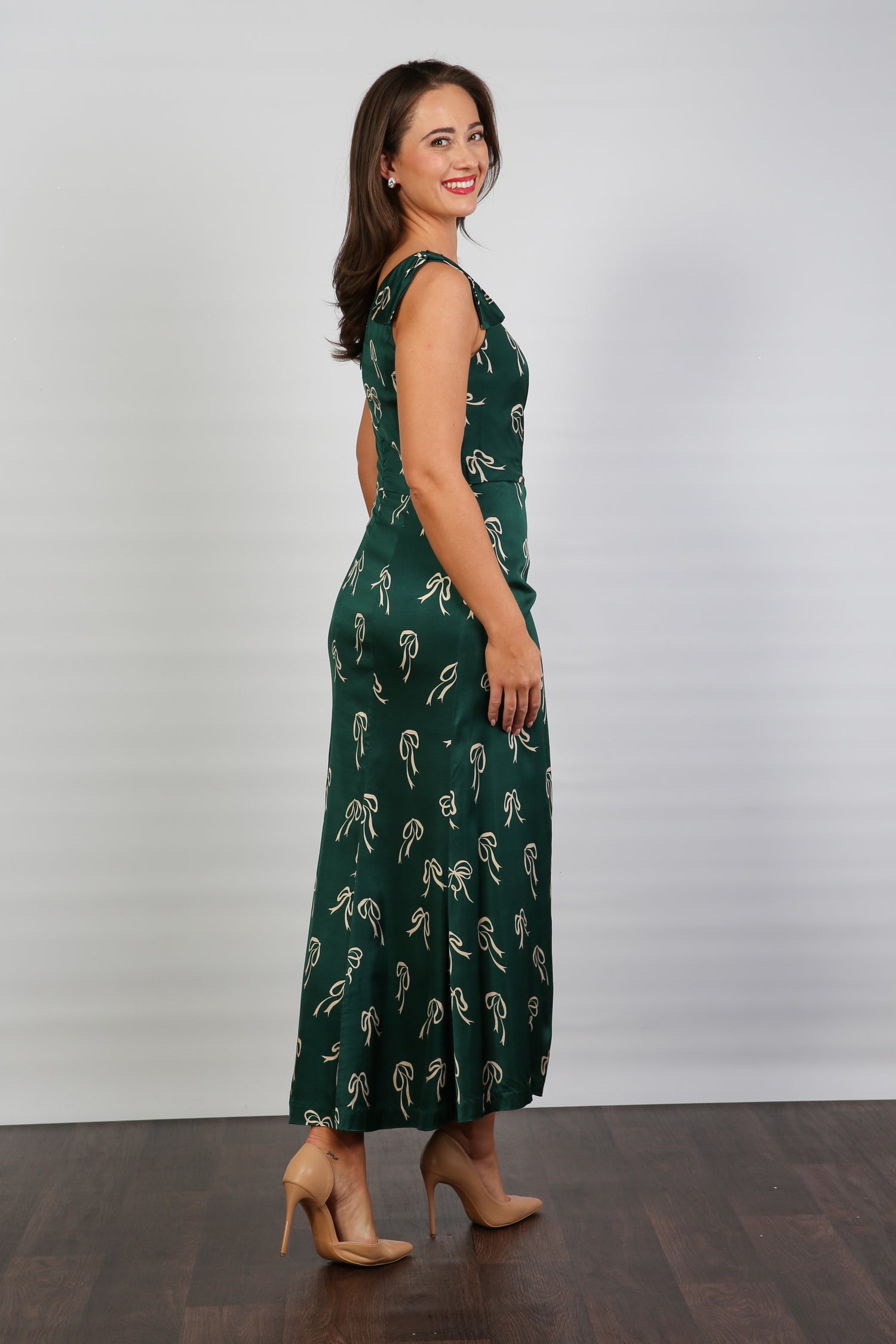 Bombshell Louise One Shoulder Party Dress in Dark Green Bows