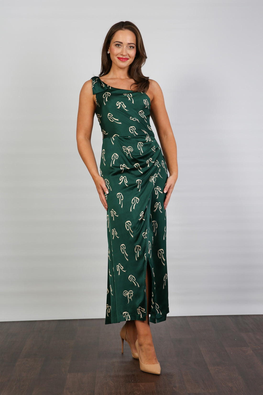 Bombshell Louise One Shoulder Party Dress in Dark Green Bows